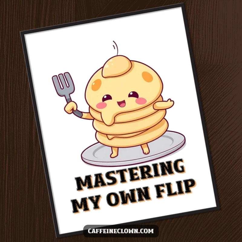 Funny pancake flip poster with a playful pancake character attempting to flip itself with a spatula, a joyful and amusing wall decoration.