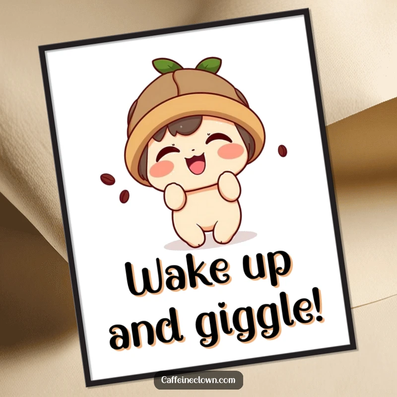 Funny poster art of a kawaii character wearing a coffee bean hat and giggling playfully.