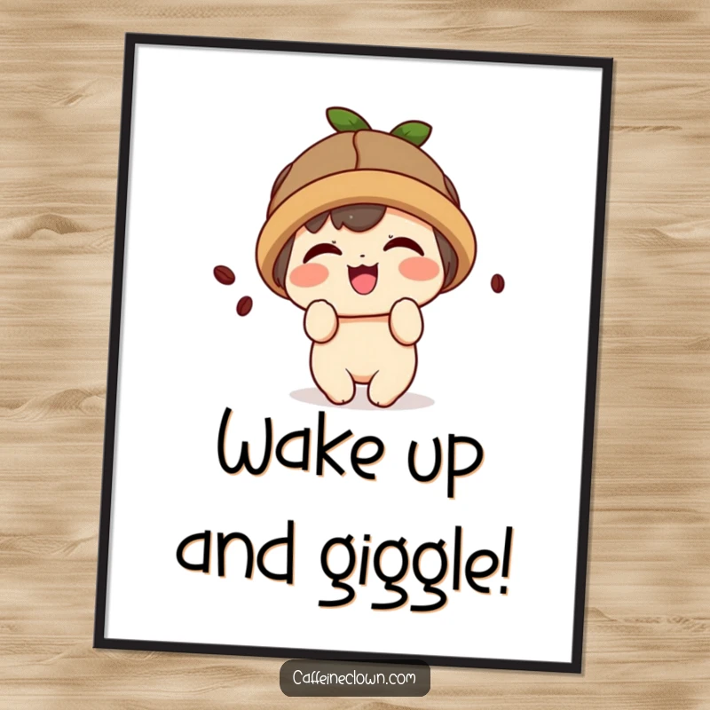 Funny poster art of a kawaii character wearing a coffee bean hat and giggling playfully.