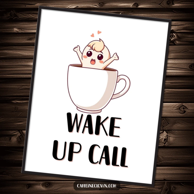 Funny Poster: Dynamic illustration of a surprised character leaping wildly out of an overflowing giant coffee cup, full of comedic energy.