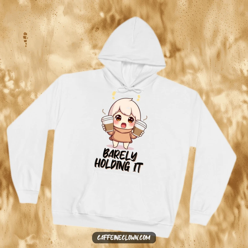 Funny hoodie depicting a character with a surprised look while juggling three coffee cups, perfect for busy individuals.
