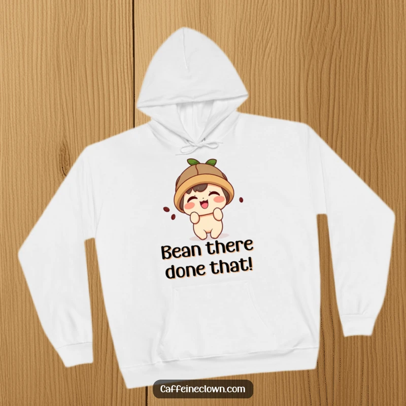 Funny hoodie with a cute kawaii character sporting a coffee bean hat, giggling playfully.