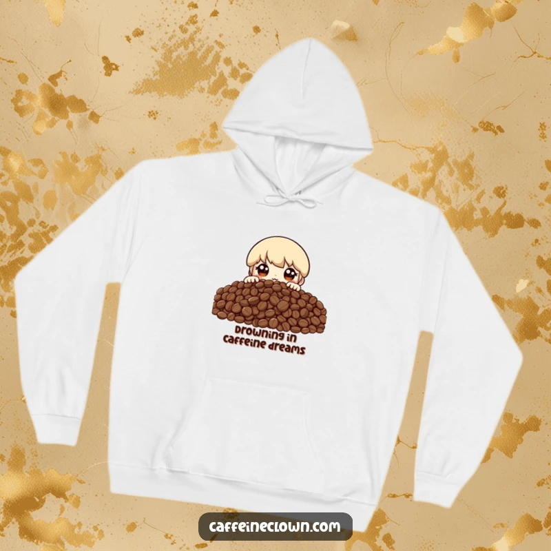 Funny hoodie featuring a character peeking over an immense mountain of coffee beans with eyes full of excitement, embodying coffee obsession.