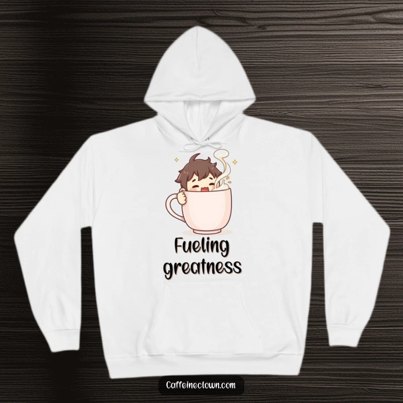 Funny Hoodie: Character energetically stirring a massive coffee mug, coffee froth flying wildly, depicting chaotic caffeine excitement.
