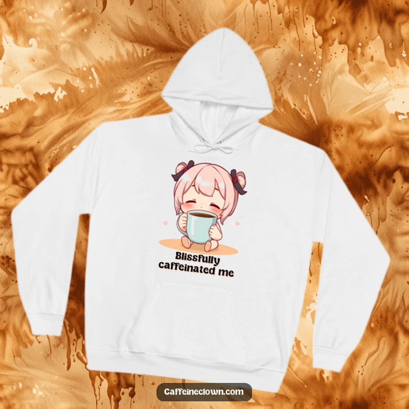 Funny, cozy hoodie with a character sipping coffee with eyes closed, radiating pure bliss and relaxation.