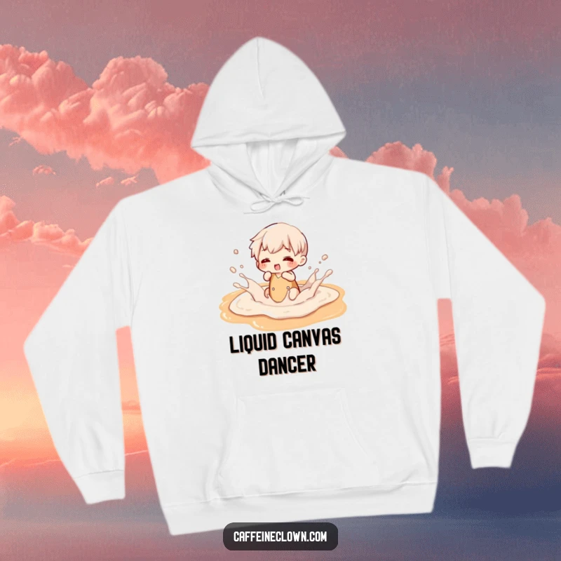 Funny hoodie depicting a character having a blast splashing in a rich latte art puddle, embodying playful coffee enjoyment.
