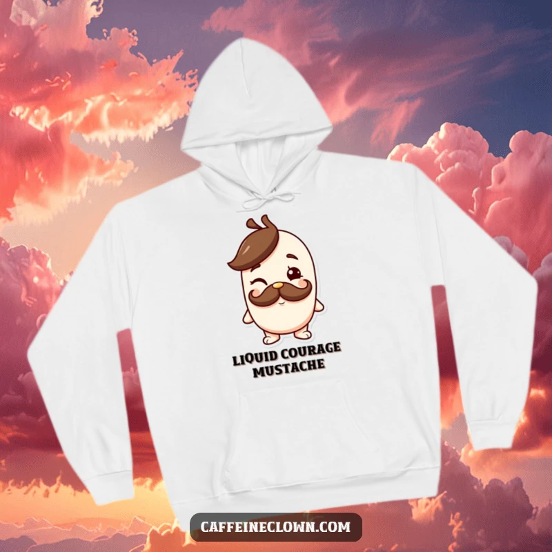 Funny hoodie featuring a character with a coffee mustache giving a cheeky wink, designed for cozy comfort and a touch of playful mischief.