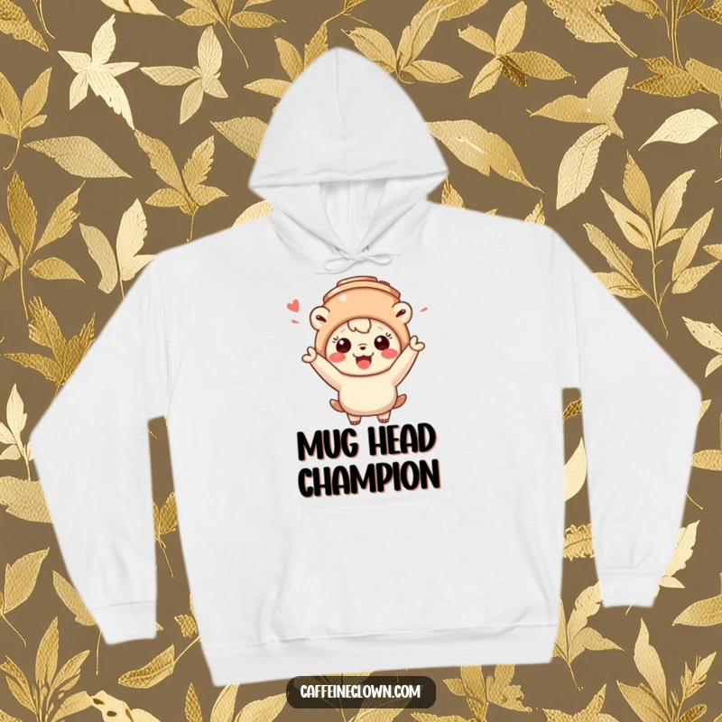 Funny hoodie with a creature wearing a coffee mug hat and cheering enthusiastically, a cozy and humorous statement piece.