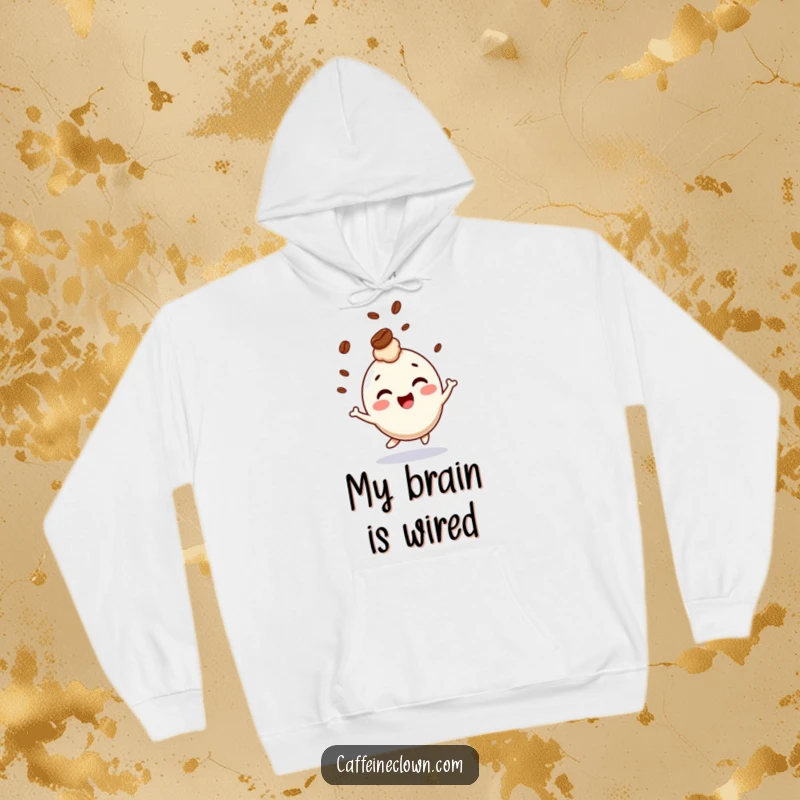Funny hoodie showing a giggling character bouncing energetically while a coffee bean bounces playfully on its head.