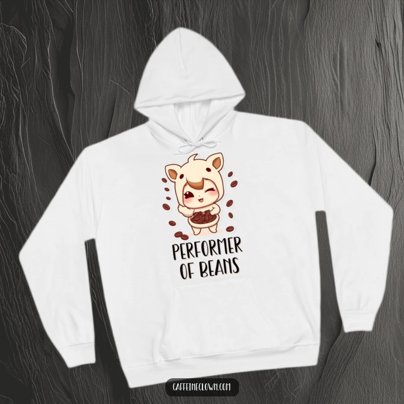 Funny Hoodie: Character winking with a playful smirk while juggling coffee beans, a fun design for coffee lovers.