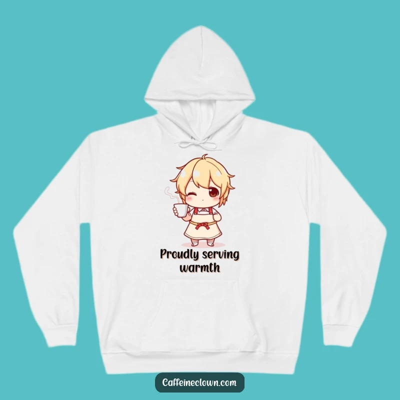 Cozy Funny Hoodie: Apron Character's Steaming Cup Comfort!