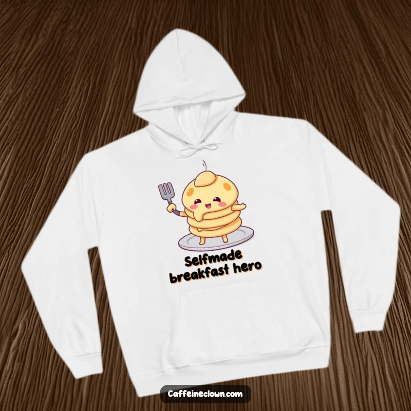 Funny pancake flip hoodie with a playful pancake character attempting to flip itself using a spatula, a warm and humorous apparel item.