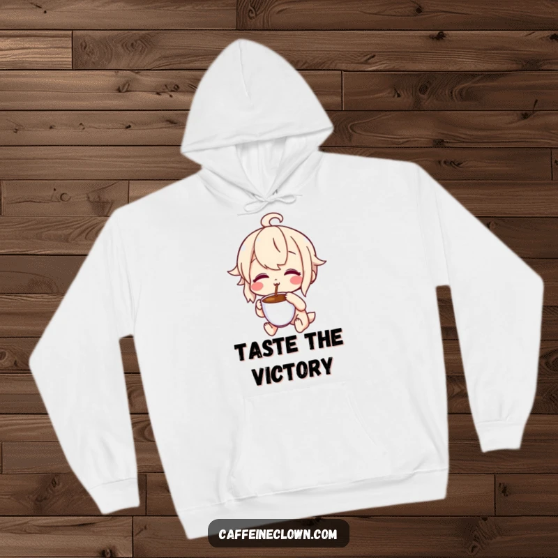 Funny hoodie featuring a character with a delighted, puckered expression tasting coffee, celebrating flavor enjoyment, a warm funny gift.
