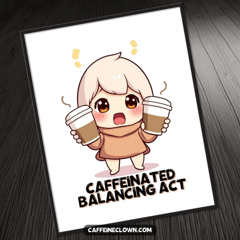 Funny Free Printable Wall Art capturing a character's surprised expression while juggling three coffee cups energetically.