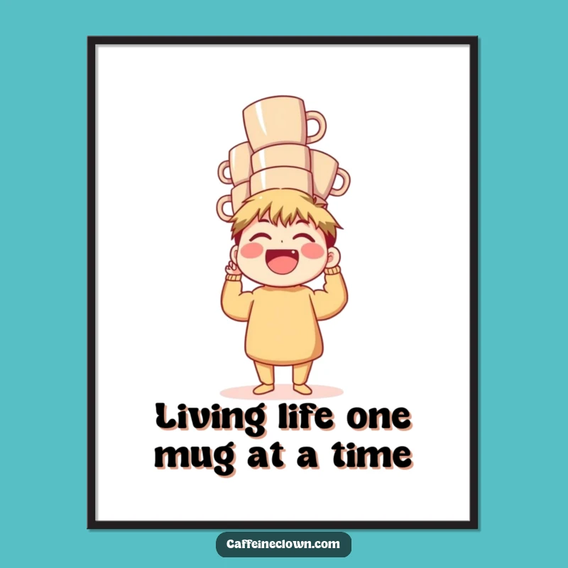 Comical Free Printable Wall Art: Laughing Character with Tower of Coffee Mugs!