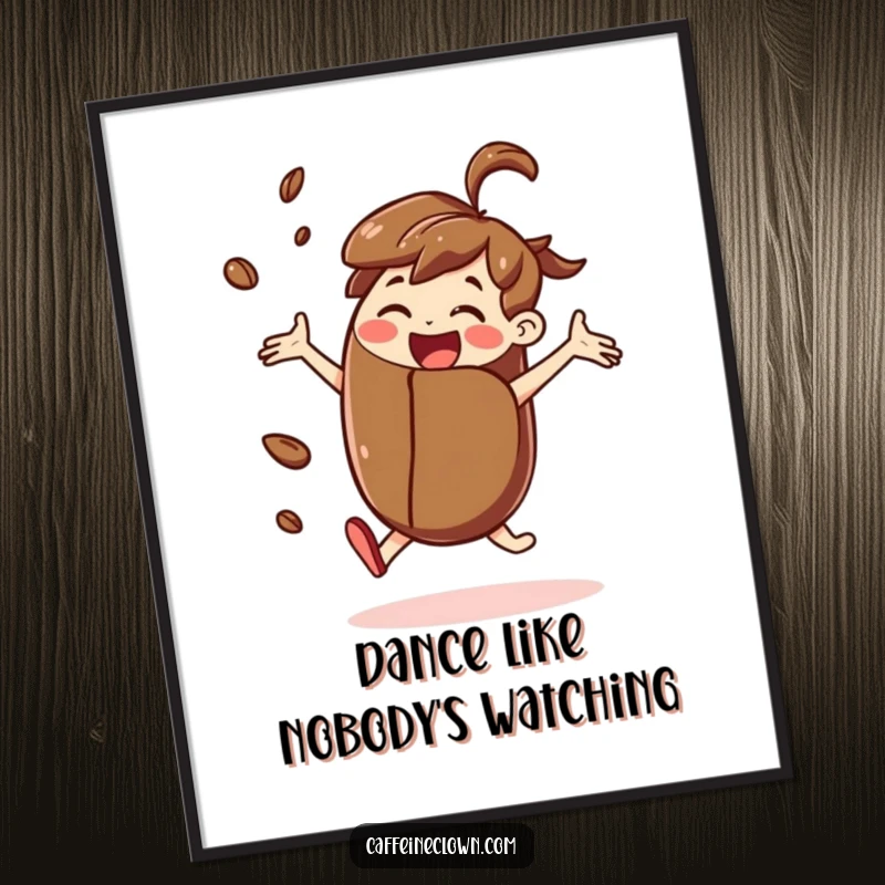 Free Printable Wall Art: Joyful character dancing enthusiastically while holding a giant coffee bean, a vibrant and humorous piece.