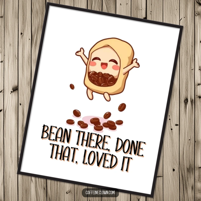 Funny Free Printable Wall Art: A dynamic, bubbly icon leaps, scattering coffee beans from a bag in a burst of playful energy.
