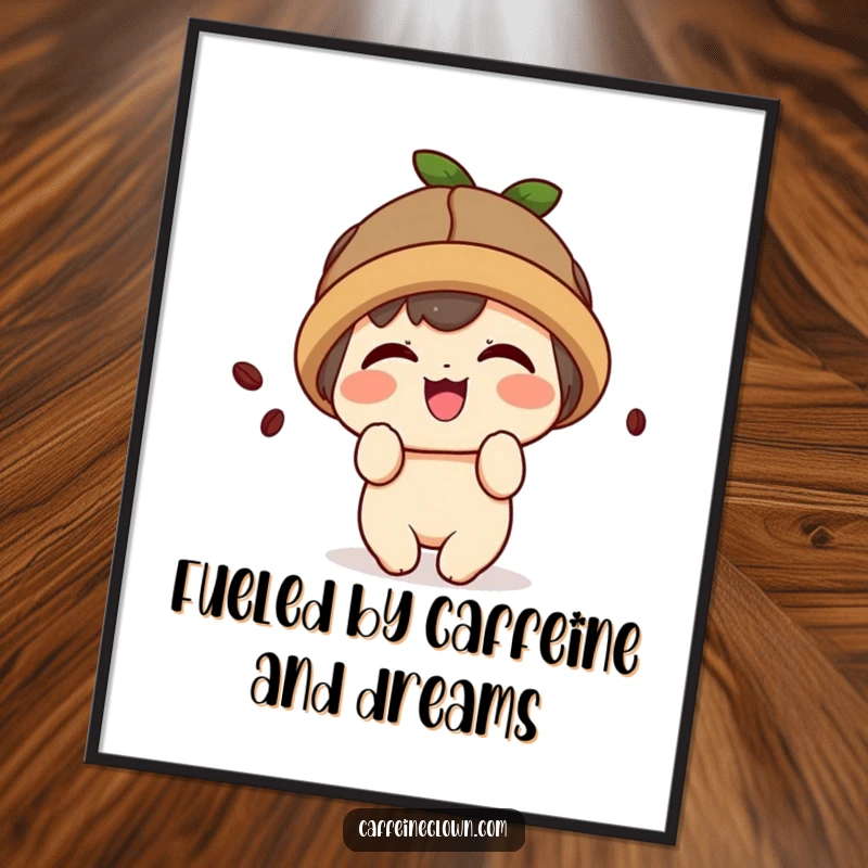Funny Free Printable Wall Art: A kawaii character wearing a coffee bean hat, giggling playfully.