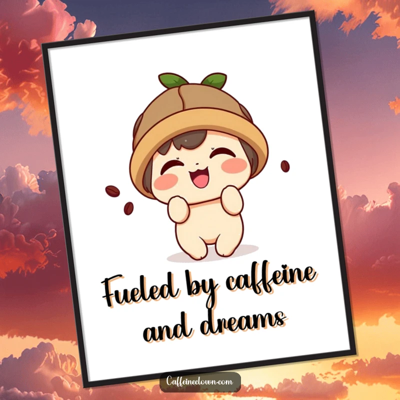 Funny Free Printable Wall Art: A kawaii character wearing a coffee bean hat, giggling playfully.