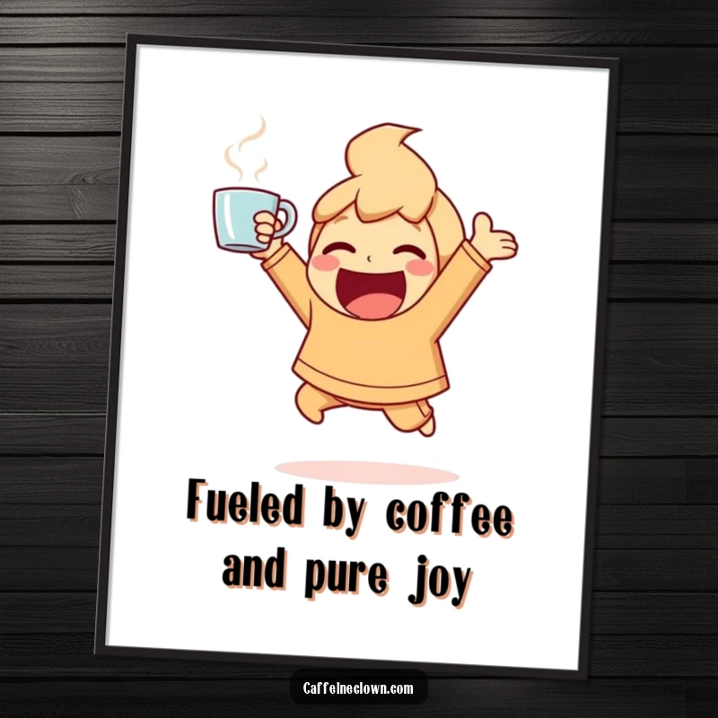 Funny Free Printable Wall Art: Character bouncing ecstatically, coffee cup held high, radiating joy, cool downloadable art.