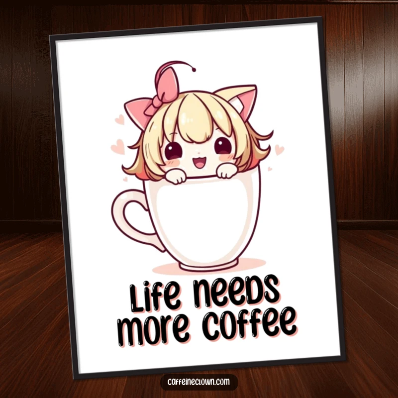 Free Printable Wall Art: Cute character adorning a coffee cup with a playful flourish, adding whimsical and artistic charm to decor.