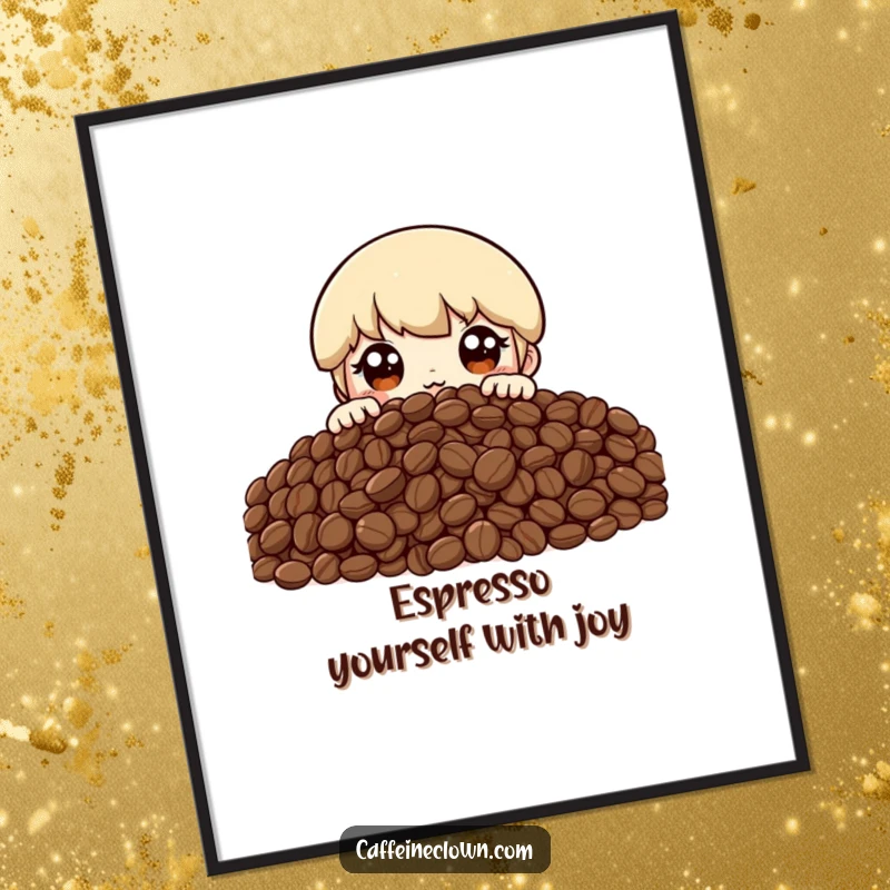 Funny Free Printable Wall Art: A character with wide excited eyes peeking over a gigantic mound of coffee beans.