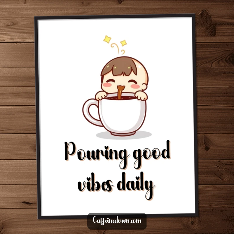 Funny Free Printable Wall Art of a small character joyfully pouring steaming coffee, adding warmth and humor to the space.
