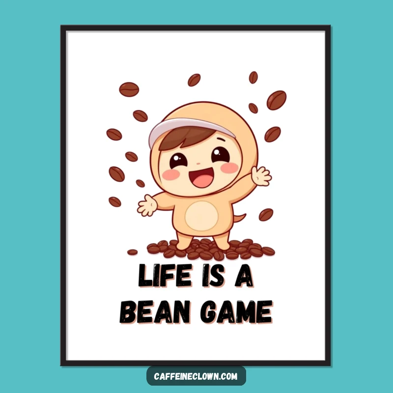 Funny Free Printable Wall Art: Juggling Coffee Beans Character, Downloadable Decor
