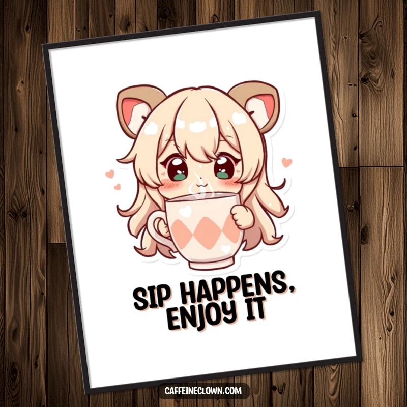 Free Printable Wall Art: Character with sparkling eyes, joyfully sipping from a steaming cup, depicting serene and humorous contentment.