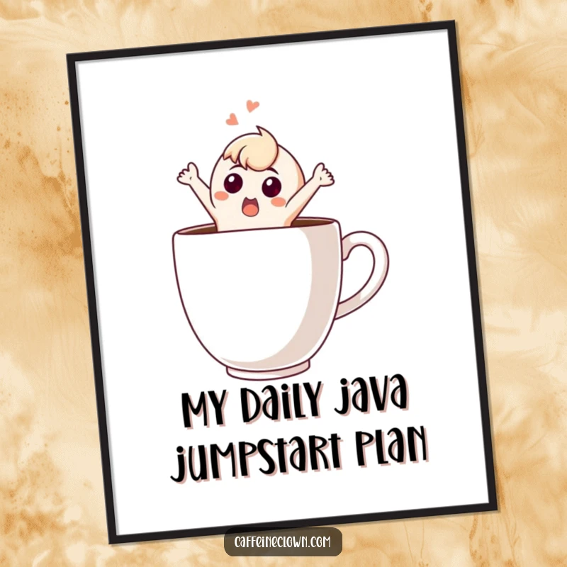 Funny Free Printable Wall Art: A shocked character is comically leaping out of a giant coffee cup, ready to decorate.