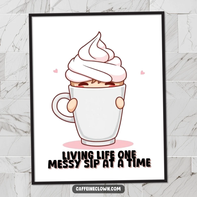 Funny Free Printable Wall Art: Character spraying whipped cream mid-sip from coffee, playful chaos, quirky downloadable art.