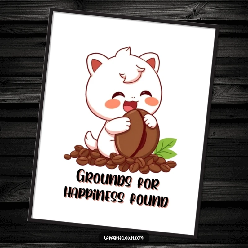 Funny Free Printable Wall Art: Character giggling uncontrollably while clutching a coffee bean, pure delight, quirky decor.