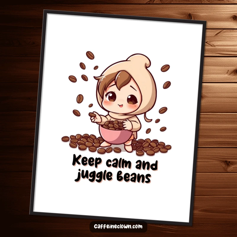 Funny Free Printable Wall Art: A character concentrates playfully while juggling numerous coffee beans.