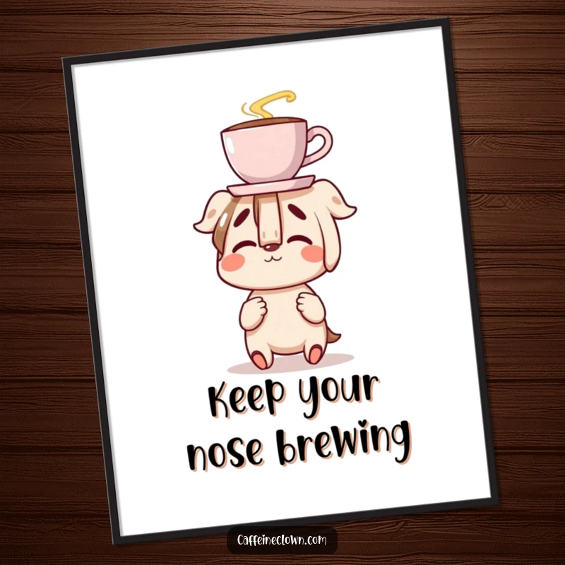 Funny Free Printable Wall Art: Character delightedly balancing a coffee cup on their nose with a funny, clumsy, happy look.