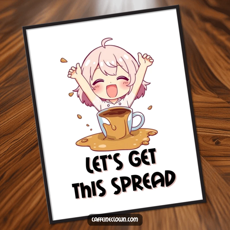 Funny Free Printable Wall Art: Character happily flailing arms with coffee spilling everywhere, a delightful chaotic scene.