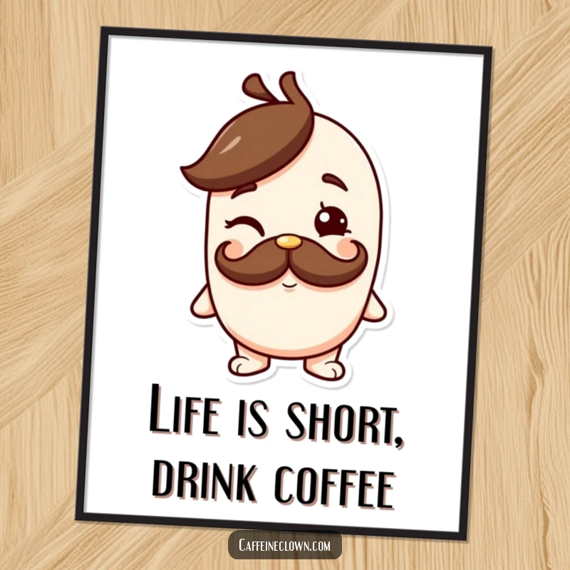 Funny Free Printable Wall Art: A character with a coffee mustache gives a cheeky, charming wink.