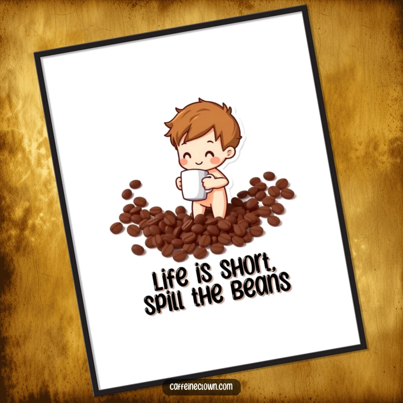 Funny Free Printable Wall Art: A tiny figure joyfully spills coffee beans while holding a mug, creating a humorous, relatable scene.