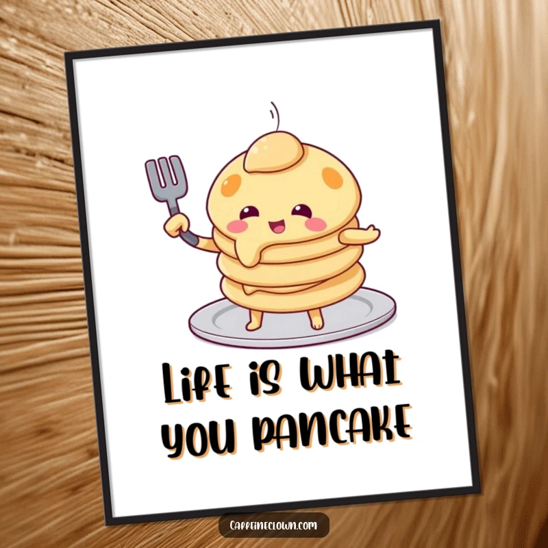 Funny Free Printable Wall Art: A playful pancake character comically attempts to flip itself with a spatula, a humorous breakfast scene.
