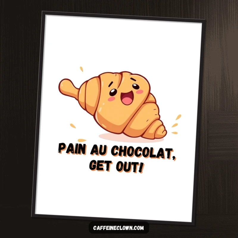 Funny Free Printable Wall Art: A clumsy croissant comically rolls away from a giant rolling pin, a humorous chase scene.
