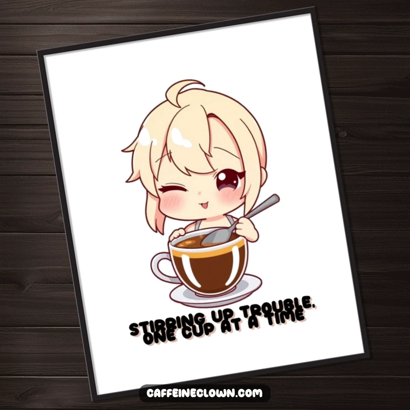 Funny Free Printable Wall Art: A character winks with a spoon in a coffee cup, adding a touch of playful humor.