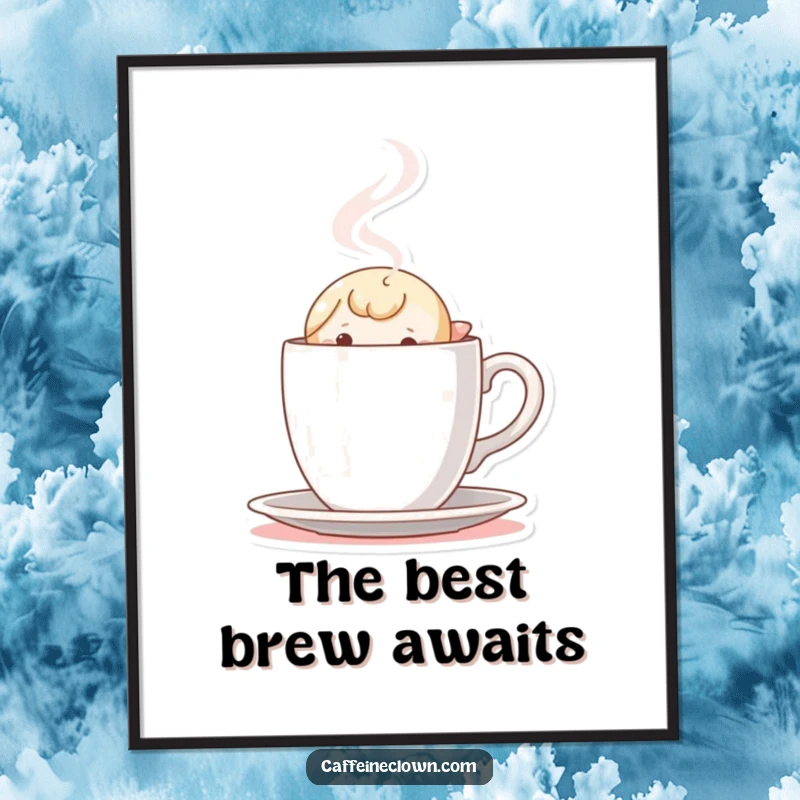 Funny free printable wall art: Tiny character curiously peeks from behind a steaming coffee cup, a whimsical and cozy decoration.