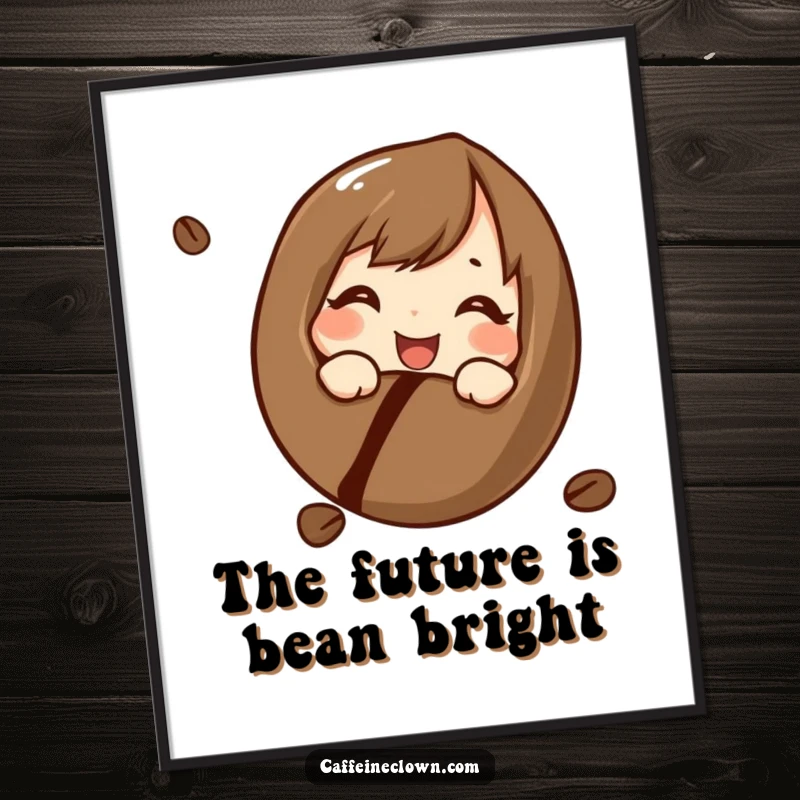 Funny Free Printable Wall Art: Character with a cheerful, curious expression looking intently into a single, large coffee bean.