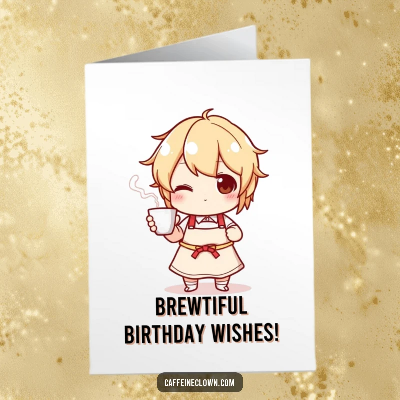 Funny Free Printable Birthday Card: A character in an apron proudly holds a steaming coffee cup, wishing a happy birthday.