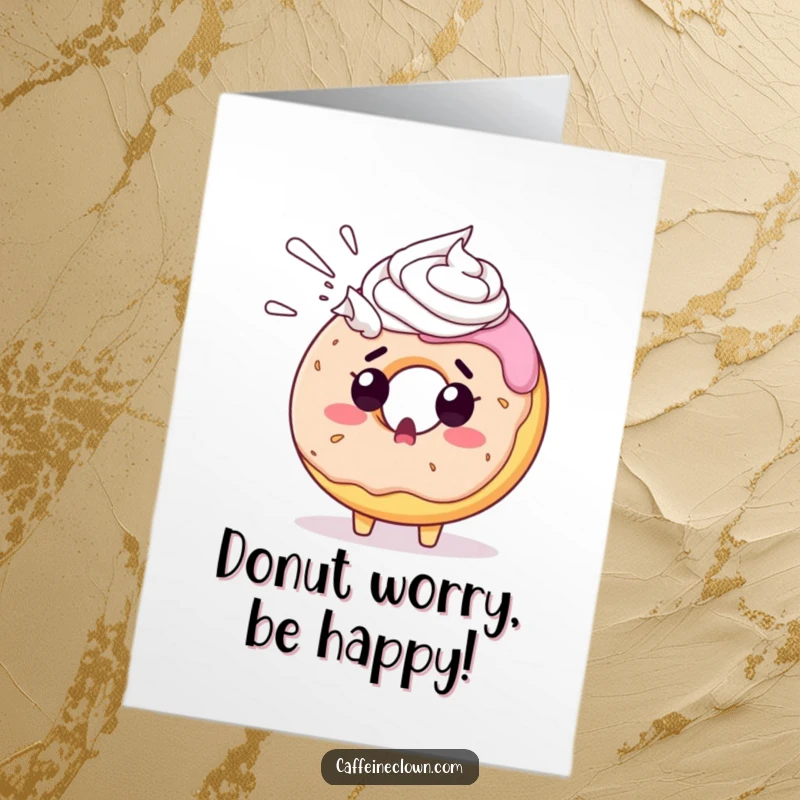 Funny Free Printable Birthday Card: A surprised donut character gets a sudden, messy blast of whipped cream, perfect for a laugh.