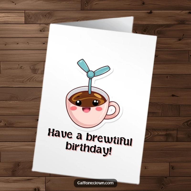 Funny Free Printable Birthday Card: A cheerful coffee cup with a tiny propeller flies erratically, ready to deliver birthday wishes.