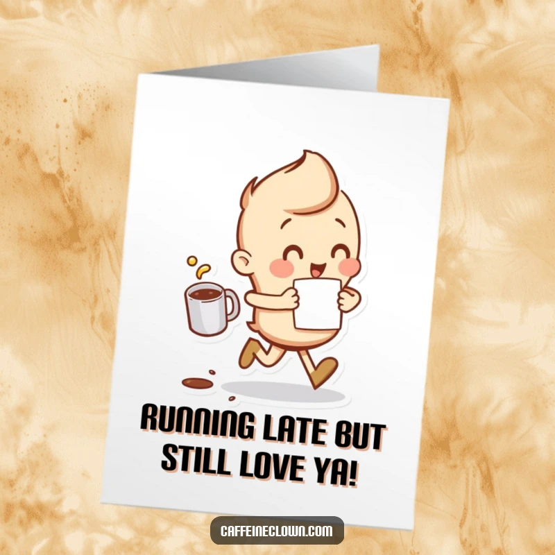 Funny Free Printable Birthday Card: Character rushing with coffee, spilling a little, relatable chaos, humorous gift.