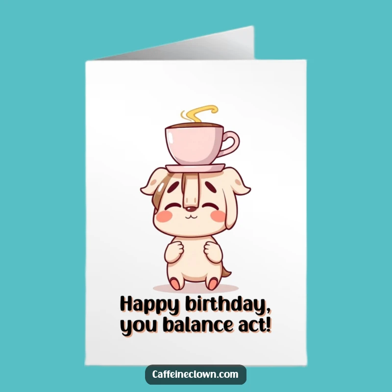 Free Printable Birthday Card: Clumsy Coffee Balance Character Fun Birthday