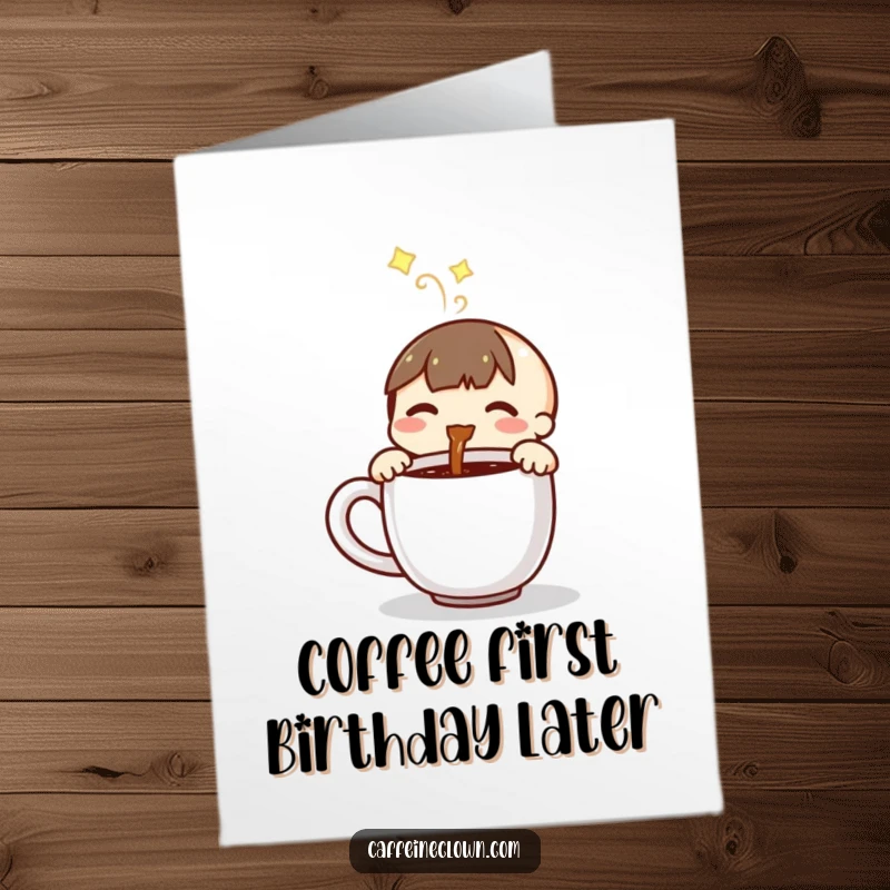 Funny Free Printable Birthday Card showing a small character joyfully pouring steaming coffee into a mug, celebrating.