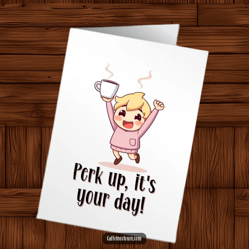 Funny Free Printable Birthday Card: Character bouncing with pure energy, holding a steaming coffee cup high in a celebratory pose.