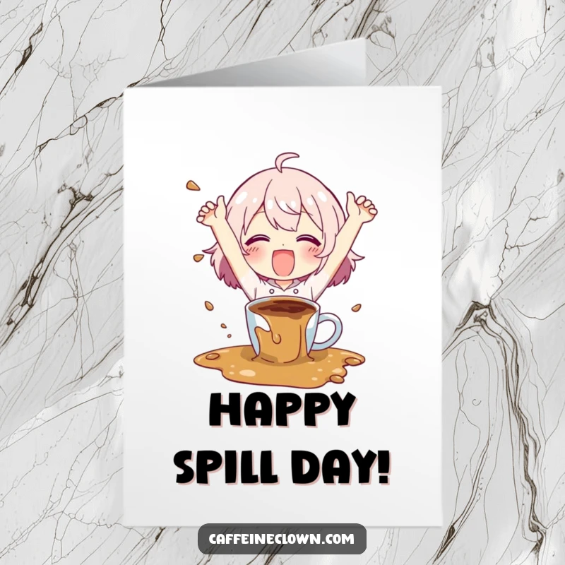 Funny Free Printable Birthday Card: Character happily flailing arms as coffee spills everywhere, a joyous mess.